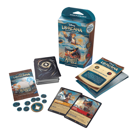 A still shot of Disney Lorcana Trading Card Game cards and accessories, including an Azurite Seas single-player deck, booster pack, rule book, play tokens, and character cards.