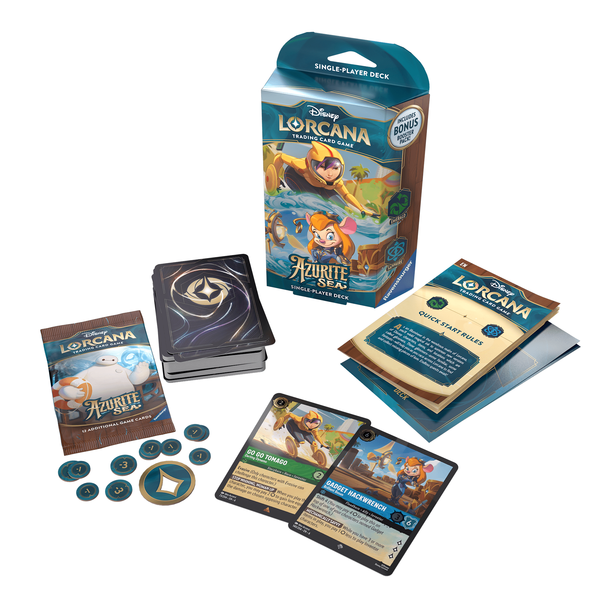 A product shot shows a Disney Lorcana: Azurite Sea single-player deck, various Lorcana cards, tokens, and a quick-start guide against a mottled brown backdrop.