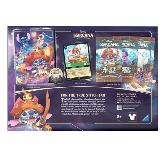 Product image of a Lorcana trading card set for Stitch fans. Features a Stitch-themed portfolio, foil promo card, and Azurite Sea booster packs. Stitch in a pirate outfit appears on the portfolio and card packs.