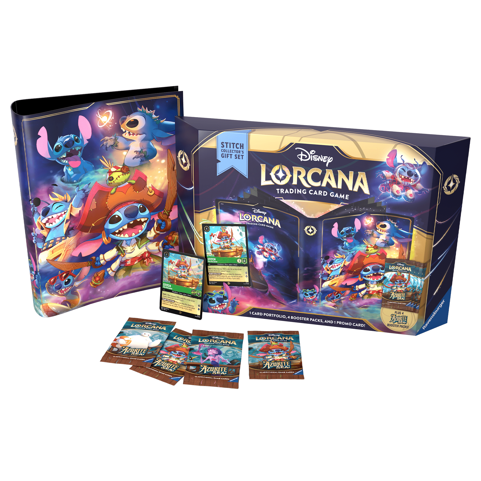 Disney Lorcana Stitch Collector's Gift Set with card portfolio, booster packs, and promo card.