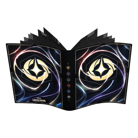 Open binder for Disney Lorcana trading cards. Black cover with gold accents and swirling colorful light patterns. Gold Lorcana logo and card-type symbols on the spine.