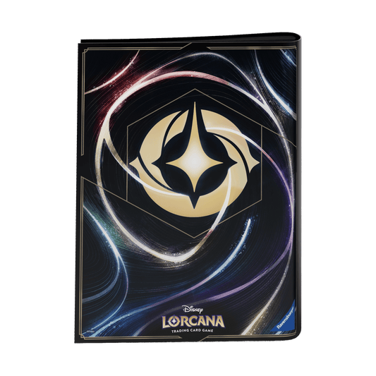 Black Disney Lorcana card binder with gold accents.