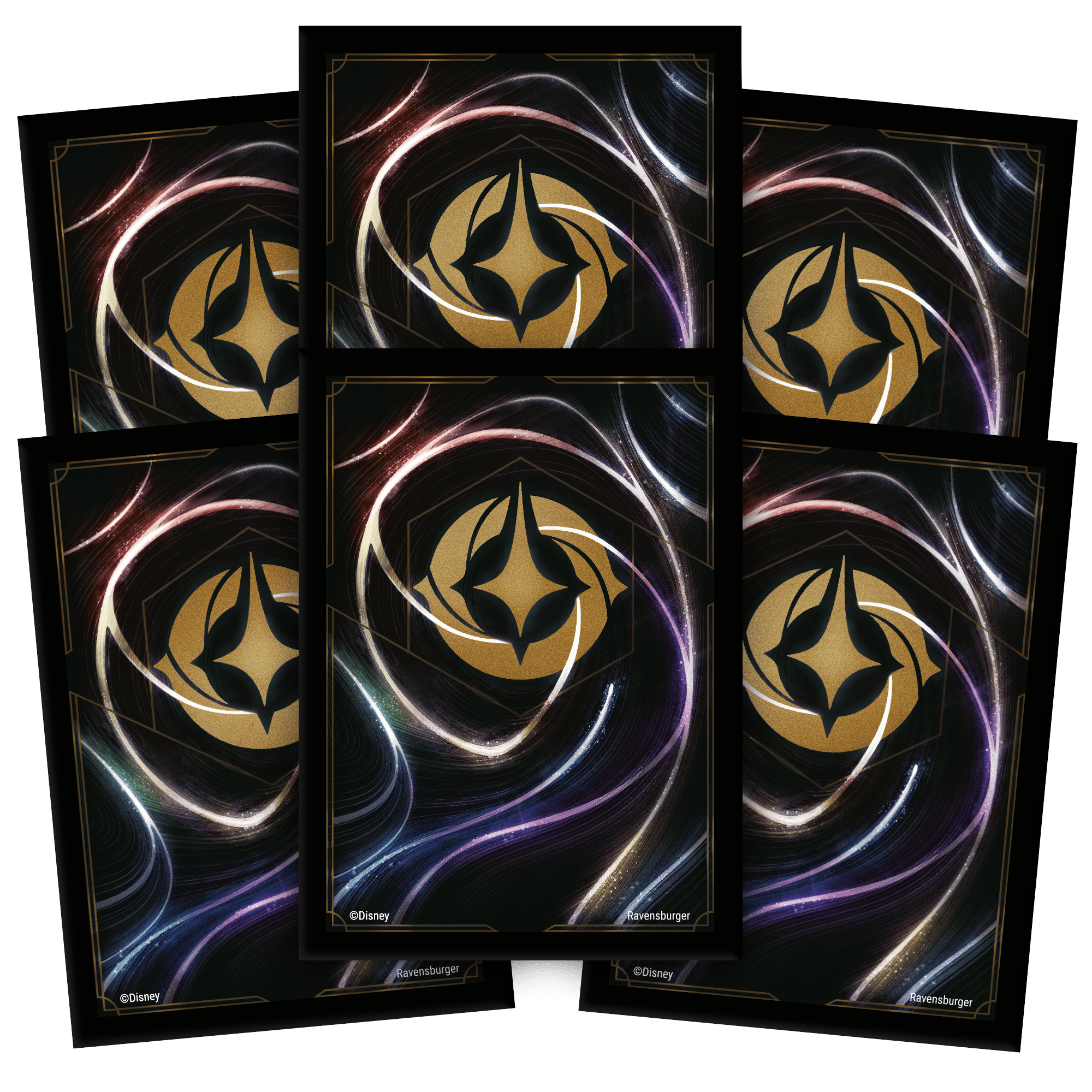 Six black playing card backs with gold logo and swirls.