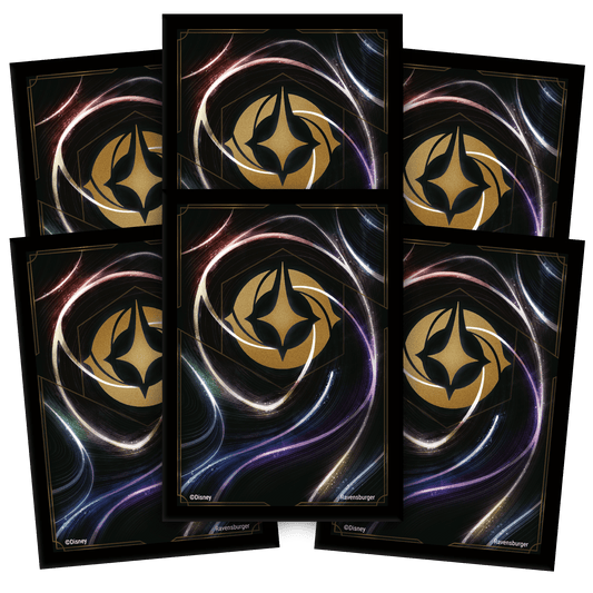 Six black playing card backs with gold logo and swirls.