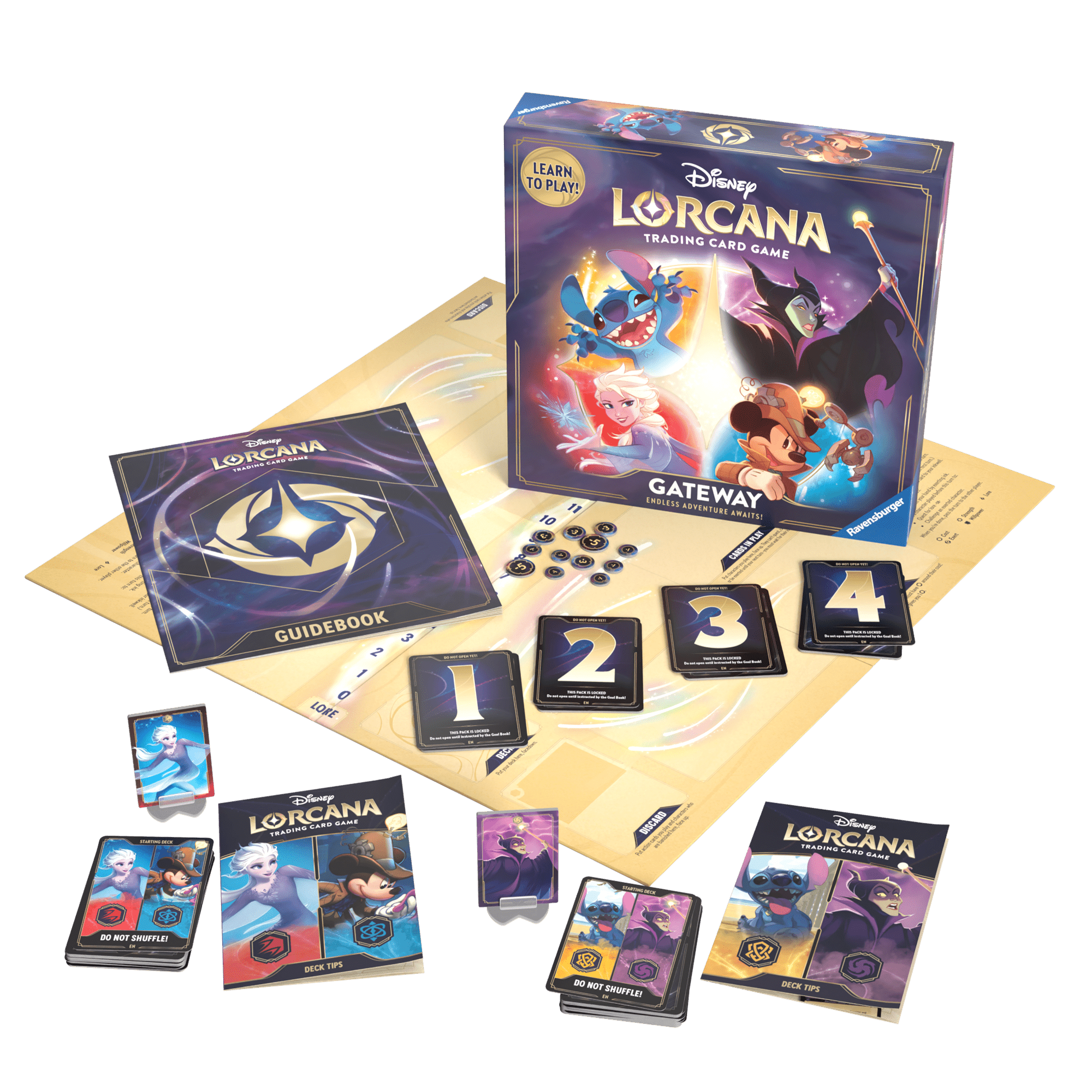 A product shot of the Disney Lorcana Trading Card Game Gateway set, with various components spread out: the game box featuring Disney characters, a guidebook, cards labeled "1" through "4," tokens, and two decks of cards, all arranged on a playing board.