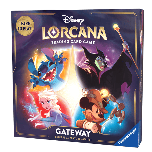 Box of the Disney Lorcana trading card game. Stitch, Elsa, Maleficent, and Mickey Mouse characters. "Learn To Play!" in yellow circle. Dark purple background. Ravensburger logo.