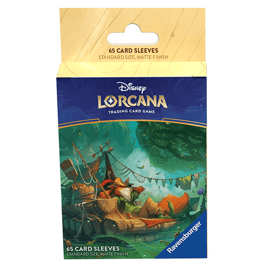 A package of Disney Lorcana trading card sleeves showing a cartoon fox character.