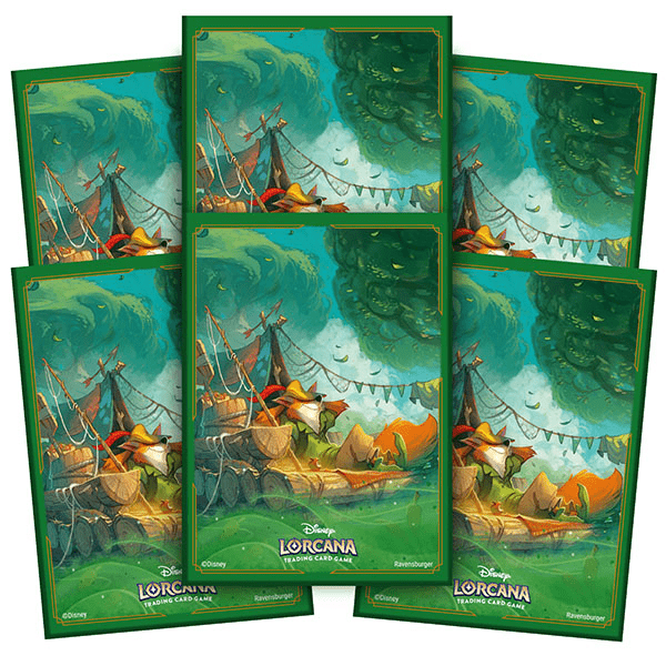 Close-up of six "Disney Lorcana Trading Card Game" card sleeves. Sleeves are green with a detailed illustration featuring a fox character on a log raft in a watery landscape. The brand names "Disney Lorcana Trading Card Game" and "Ravensburger" are visible at the bottom.