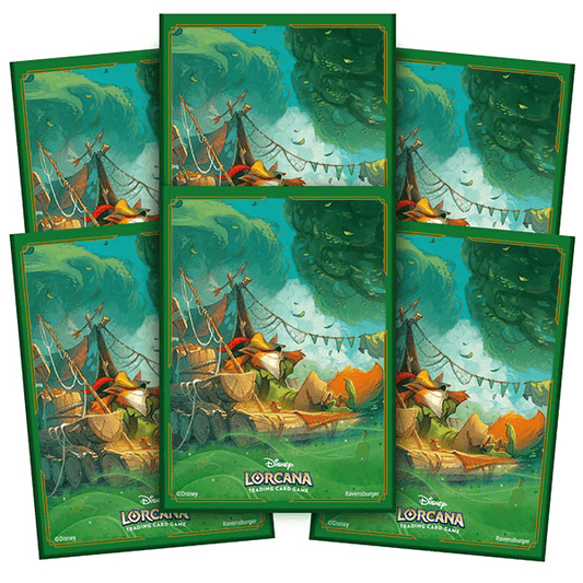 Close-up of six "Disney Lorcana Trading Card Game" card sleeves. Sleeves are green with a detailed illustration featuring a fox character on a log raft in a watery landscape. The brand names "Disney Lorcana Trading Card Game" and "Ravensburger" are visible at the bottom.