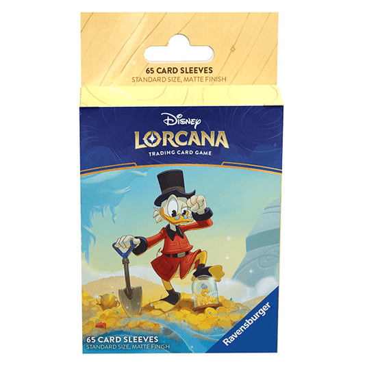 Package of Disney Lorcana trading card sleeves featuring Scrooge McDuck standing in a pile of gold.