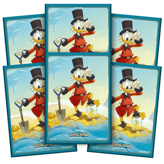 Six "Disney Lorcana" trading card game sleeves. The sleeves feature Scrooge McDuck on a gold coin pile. Scrooge wears a red jacket, a top hat, and eyeglasses, and he holds a shovel. The sleeves have teal borders.