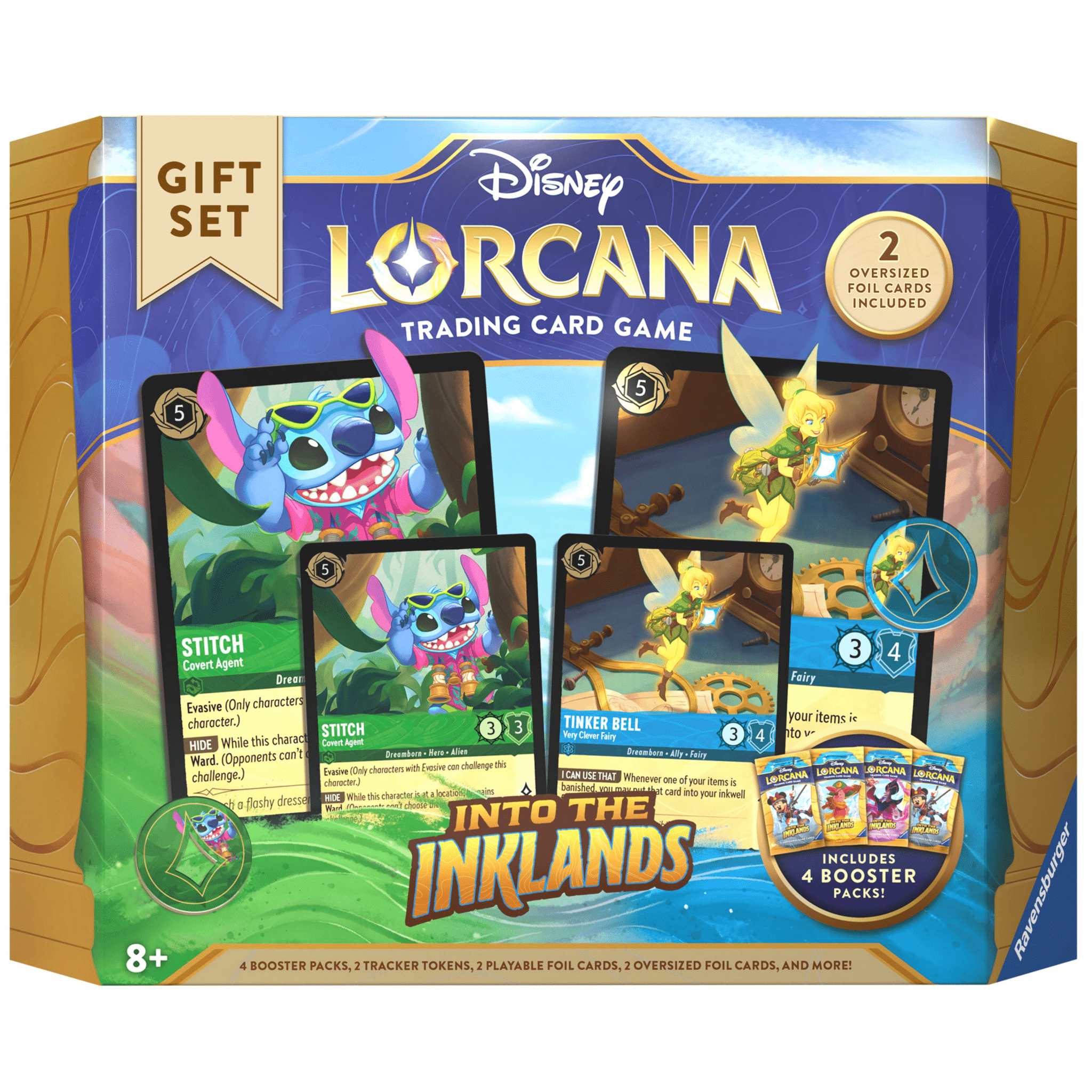 Disney Lorcana "Into the Inklands" gift set box. Features Stitch and Tinker Bell cards. Includes four booster packs. Ravensburger logo.
