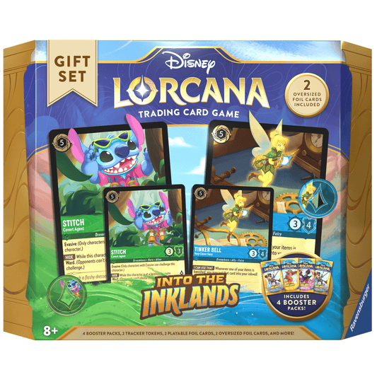 Disney Lorcana "Into the Inklands" gift set box. Features Stitch and Tinker Bell cards. Includes four booster packs. Ravensburger logo.
