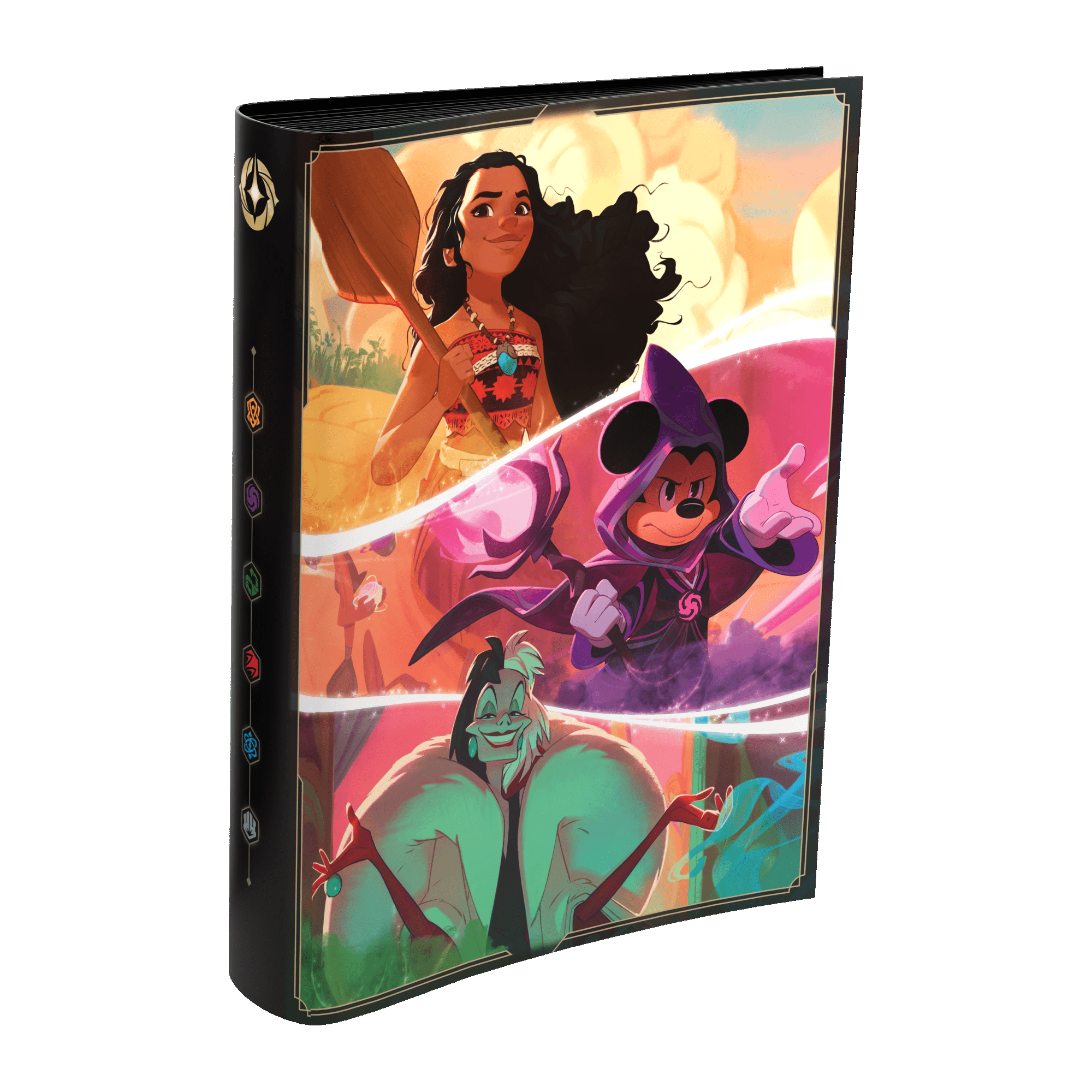 A black binder with a colorful image of Disney characters Moana, Yen Sid Mickey Mouse, and Cruella de Vil.