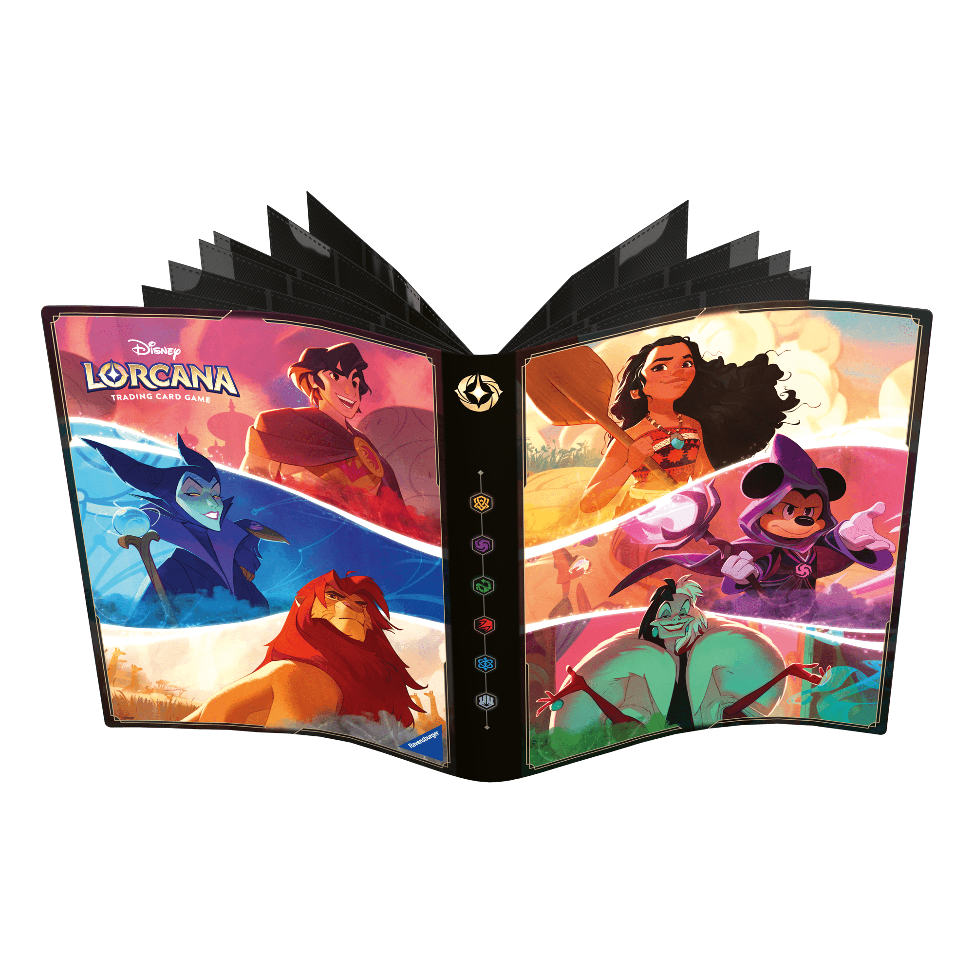 Open Disney Lorcana trading card game portfolio with characters and symbols.