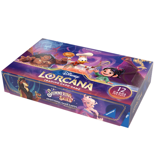 A box of Disney Lorcana Trading Card Game Shimmering Skies booster packs.