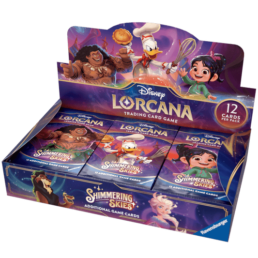 Display box of Disney Lorcana Shimmering Skies trading cards featuring Maui, Chef Donald Duck, Vanellope, Scar, and Elsa.