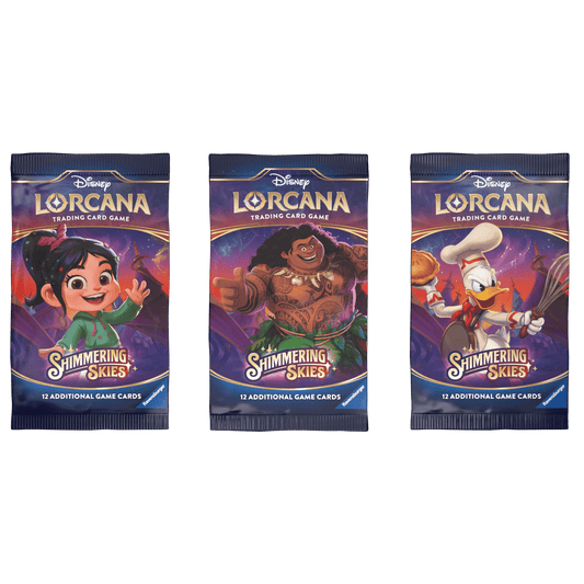 Three "Disney Lorcana: Shimmering Skies" card booster packs, featuring Vanellope, Maui, and Chef Donald Duck.