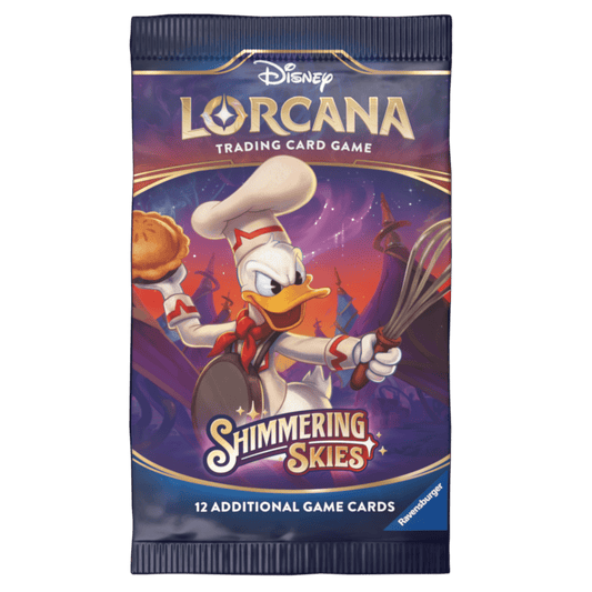 Disney Lorcana Shimmering Skies Trading Card Game pack with Donald Duck in chef's hat.
