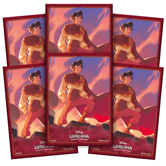 Six Disney Lorcana trading card game cards depicting the character of Prince Eric. The cards have a red border with gold detailing. Prince Eric is depicted in a cartoon style, wearing a white shirt, brown pants, a brown cape, and a gold medallion. He is shown with a smiling expression, standing on a ledge against a purple and orange sky. The "Disney Lorcana Trading Card Game" logo is present on each card.