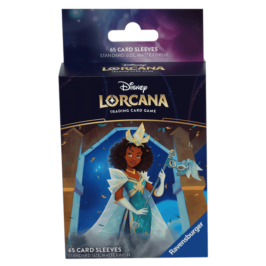 Box of Disney Lorcana trading card sleeves with Tiana holding a mask.