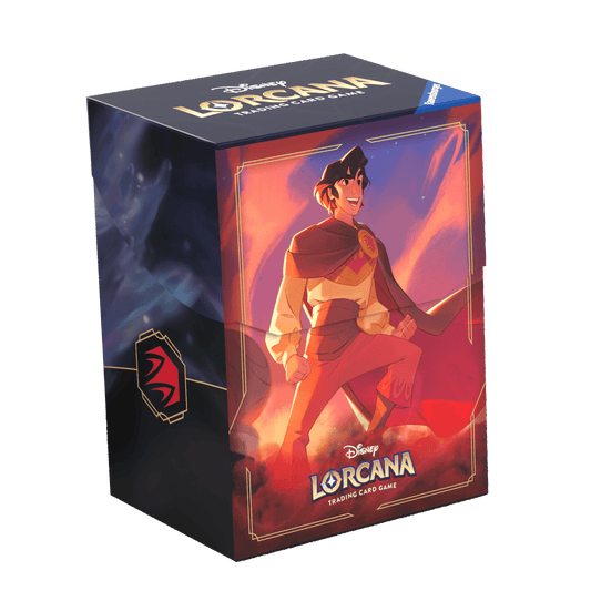 Product box with Aladdin on the front. The box features a logo for the Disney Lorcana Trading Card Game. Aladdin is wearing a cape and is posed to move forward.