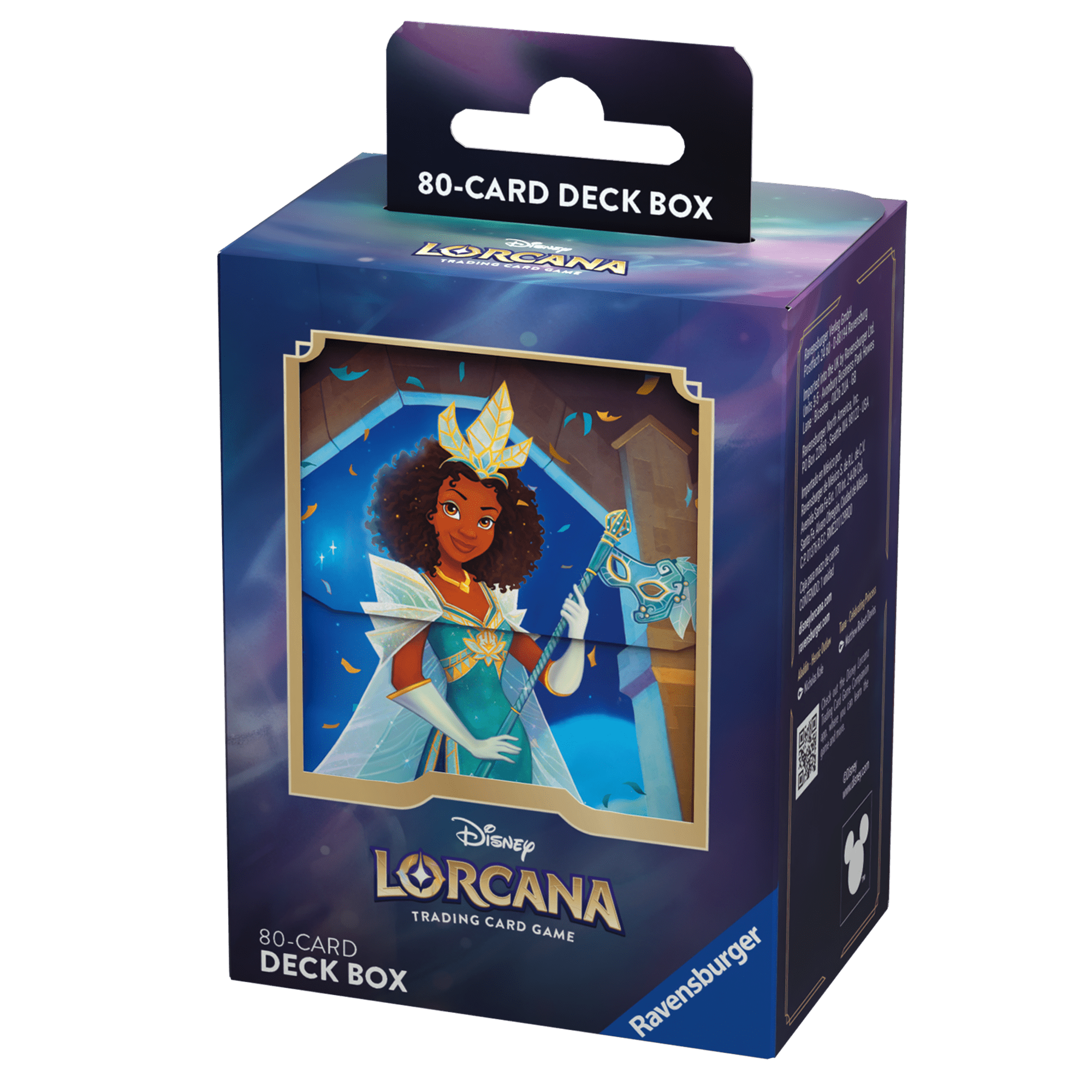 Box for Disney Lorcana card game. Features Tiana holding a mask.