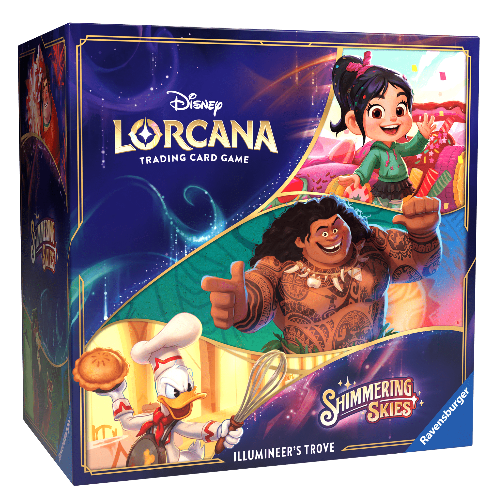 Box for Disney Lorcana Shimmering Skies trading card game featuring Vanellope, Maui, and Chef Donald Duck.