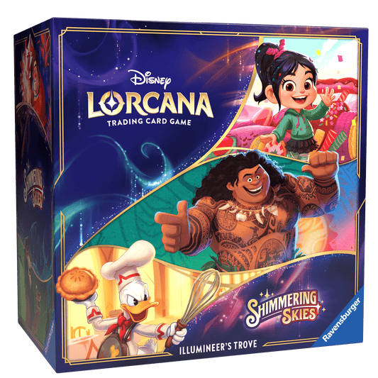 Box for Disney Lorcana Shimmering Skies trading card game featuring Vanellope, Maui, and Chef Donald Duck.