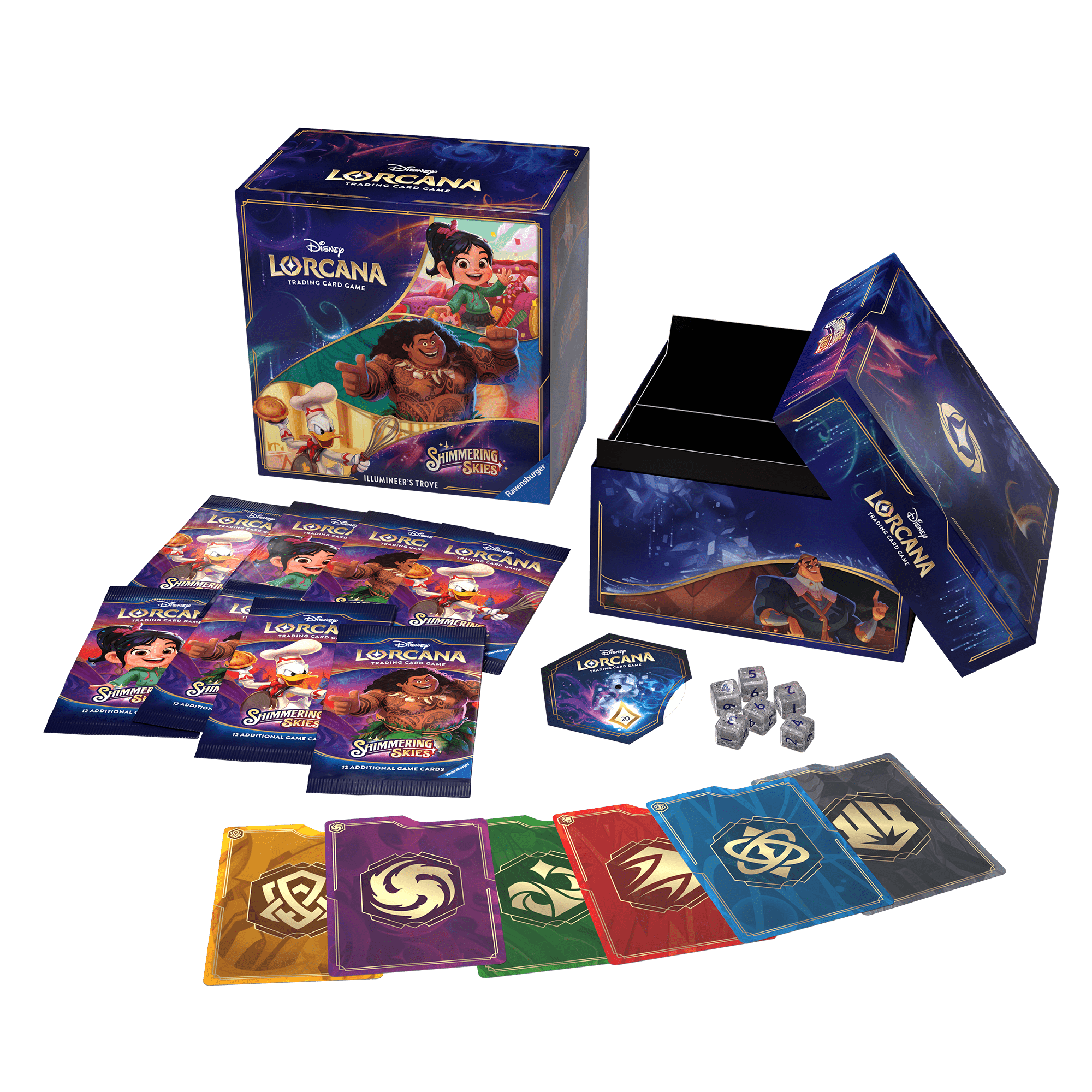 A product shot showcases a "Disney Lorcana Trading Card Game: Shimmering Skies Illumineer's Trove" set. The set includes a box featuring Disney characters, booster packs with characters like Vanellope and Donald Duck, a round score tracker, dice, and color-coded dividers. The image is well-lit, emphasizing the vibrant colors and detailed packaging.