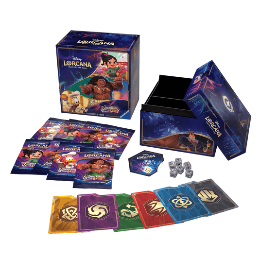 A product shot showcases a "Disney Lorcana Trading Card Game: Shimmering Skies Illumineer's Trove" set. The set includes a box featuring Disney characters, booster packs with characters like Vanellope and Donald Duck, a round score tracker, dice, and color-coded dividers. The image is well-lit, emphasizing the vibrant colors and detailed packaging.