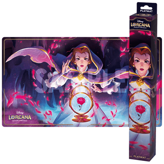 Disney Lorcana Belle playmat and packaging. Belle is depicted wearing a hooded cloak, holding a golden rose.