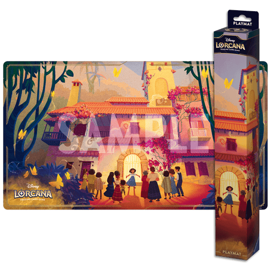 Disney Lorcana playmat in packaging with the Casita house and Mirabel in front.