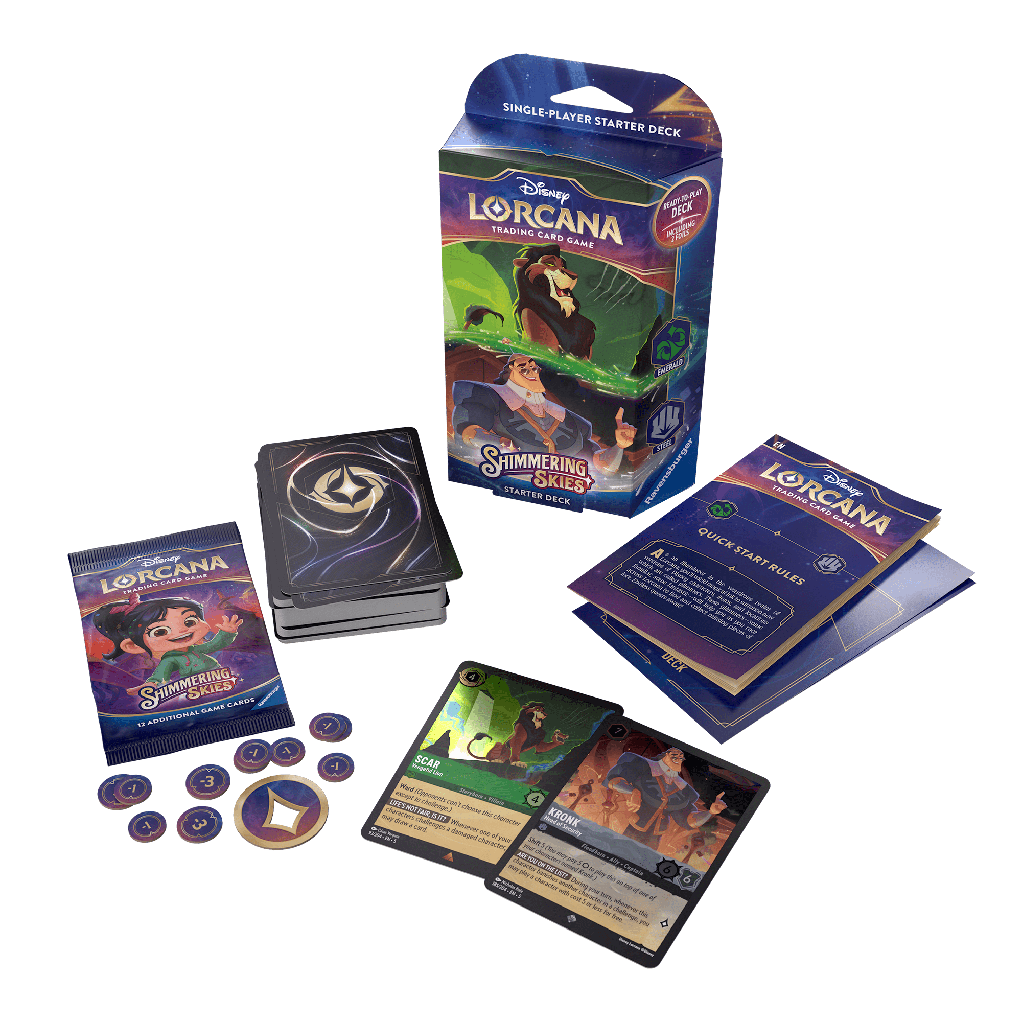 A Disney Lorcana Shimmering Skies starter deck, booster pack, cards, tokens, and quick start rules.
