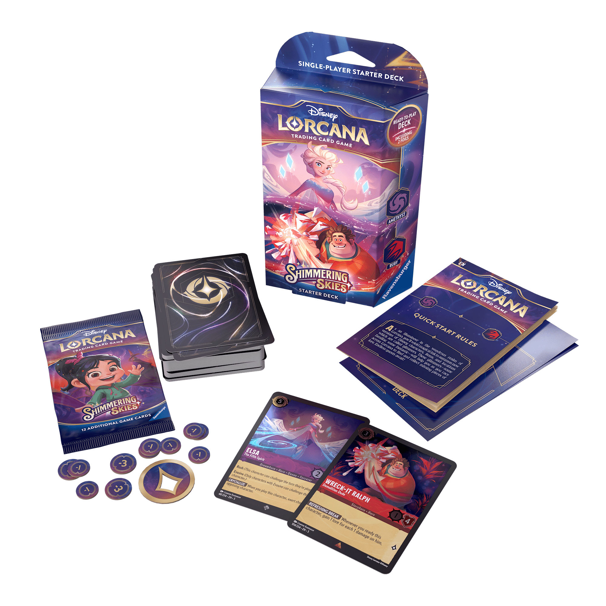The product image shows a Disney Lorcana trading card game starter deck. The box is purple and features Elsa and Wreck-It Ralph from "Frozen" and "Wreck-It Ralph" respectively. The cards are arranged with Elsa and Wreck-It Ralph cards on display, along with damage counters and a booster pack. A rule book and card sleeves are also present.
