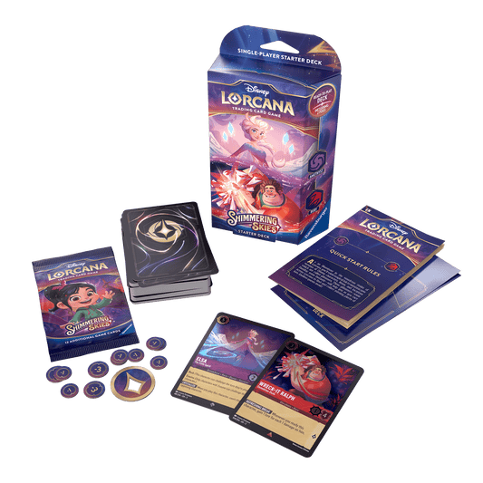 The product image shows a Disney Lorcana trading card game starter deck. The box is purple and features Elsa and Wreck-It Ralph from "Frozen" and "Wreck-It Ralph" respectively. The cards are arranged with Elsa and Wreck-It Ralph cards on display, along with damage counters and a booster pack. A rule book and card sleeves are also present.
