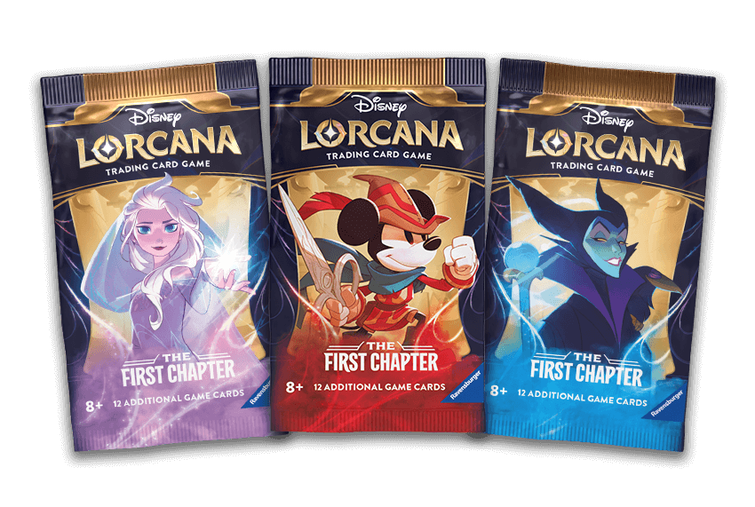 Three Disney Lorcana trading card game booster packs, each featuring a different character: Elsa, Mickey Mouse, and Maleficent.