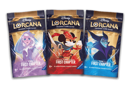 Three Disney Lorcana trading card game booster packs, each featuring a different character: Elsa, Mickey Mouse, and Maleficent.