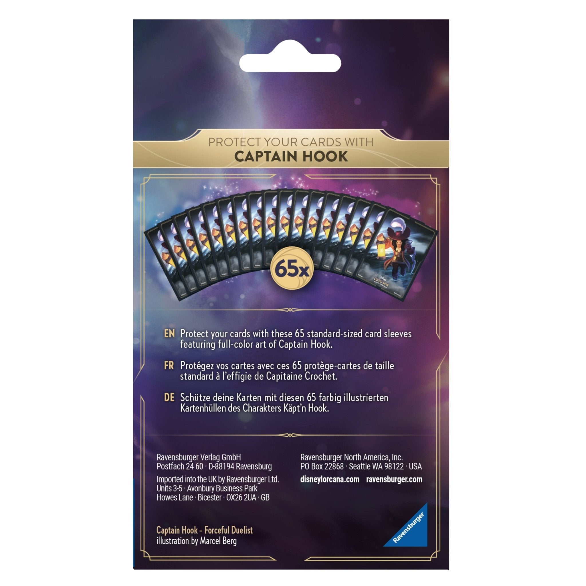 Captain Hook card sleeves packaging with 65 sleeves visible.