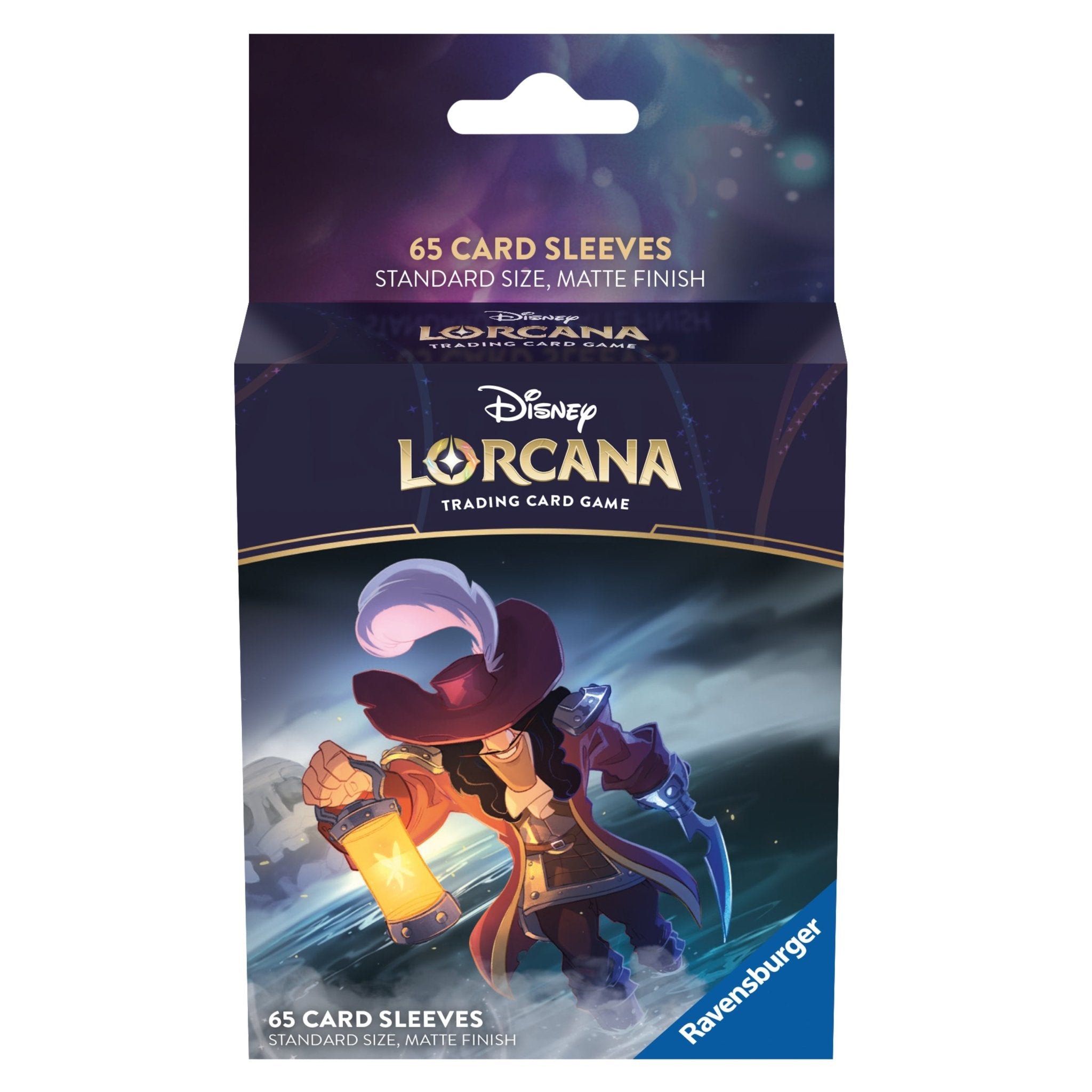 A package of Disney Lorcana card sleeves with a cartoon pirate character illustration.
