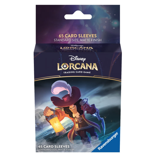 A package of Disney Lorcana card sleeves with a cartoon pirate character illustration.
