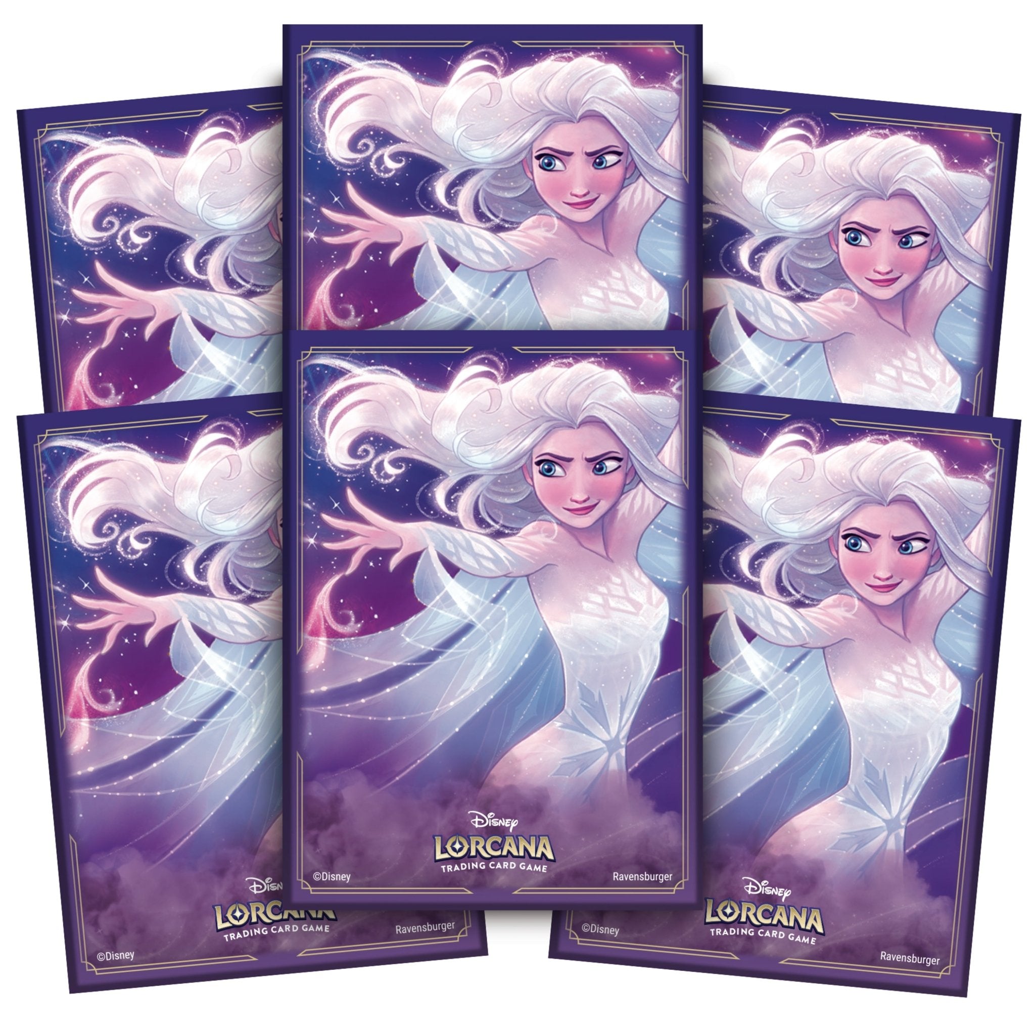Six packs of Disney Lorcana trading card game sleeves with a portrait of Elsa.
