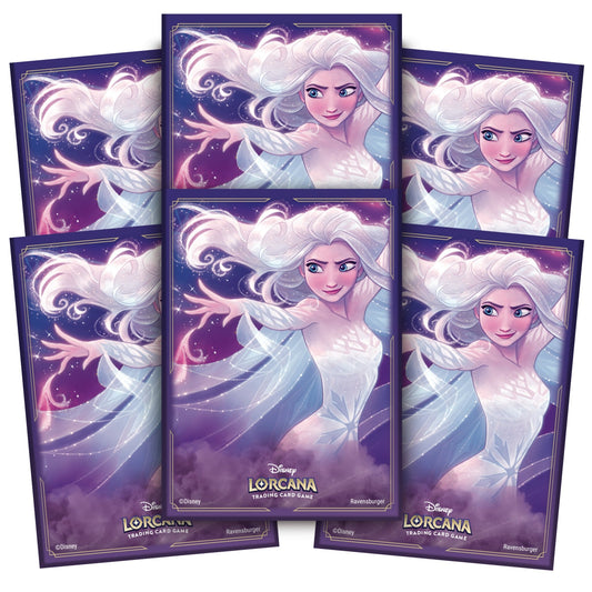 Six packs of Disney Lorcana trading card game sleeves with a portrait of Elsa.