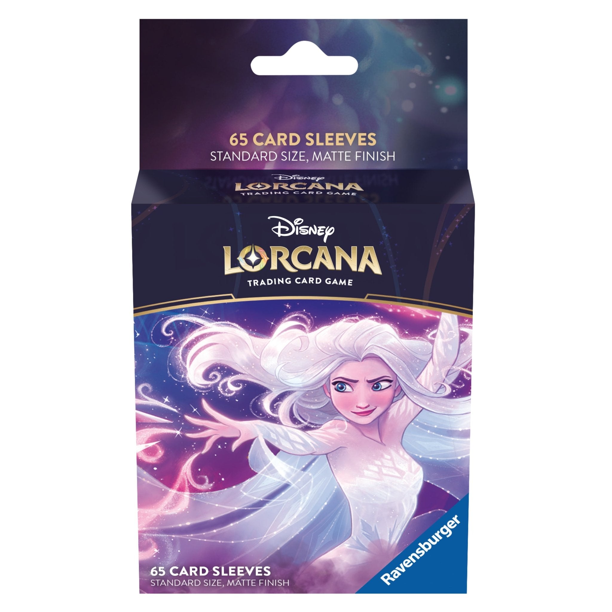 A pack of Disney Lorcana trading card sleeves featuring Elsa from Frozen, with white hair and a light-colored dress on a purple and pink background.