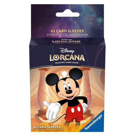 Packaging for 65 Disney Lorcana card sleeves, featuring Mickey Mouse on a golden-hued background.