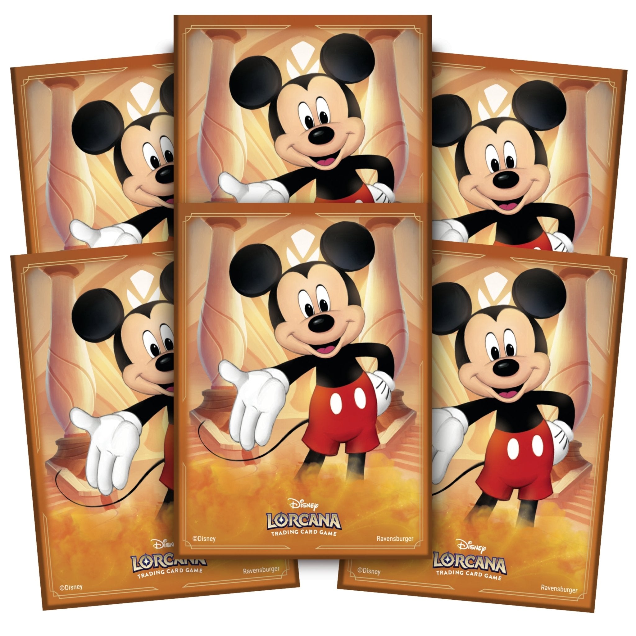 Six Disney Lorcana trading card game booster packs featuring Mickey Mouse in front of golden columns.