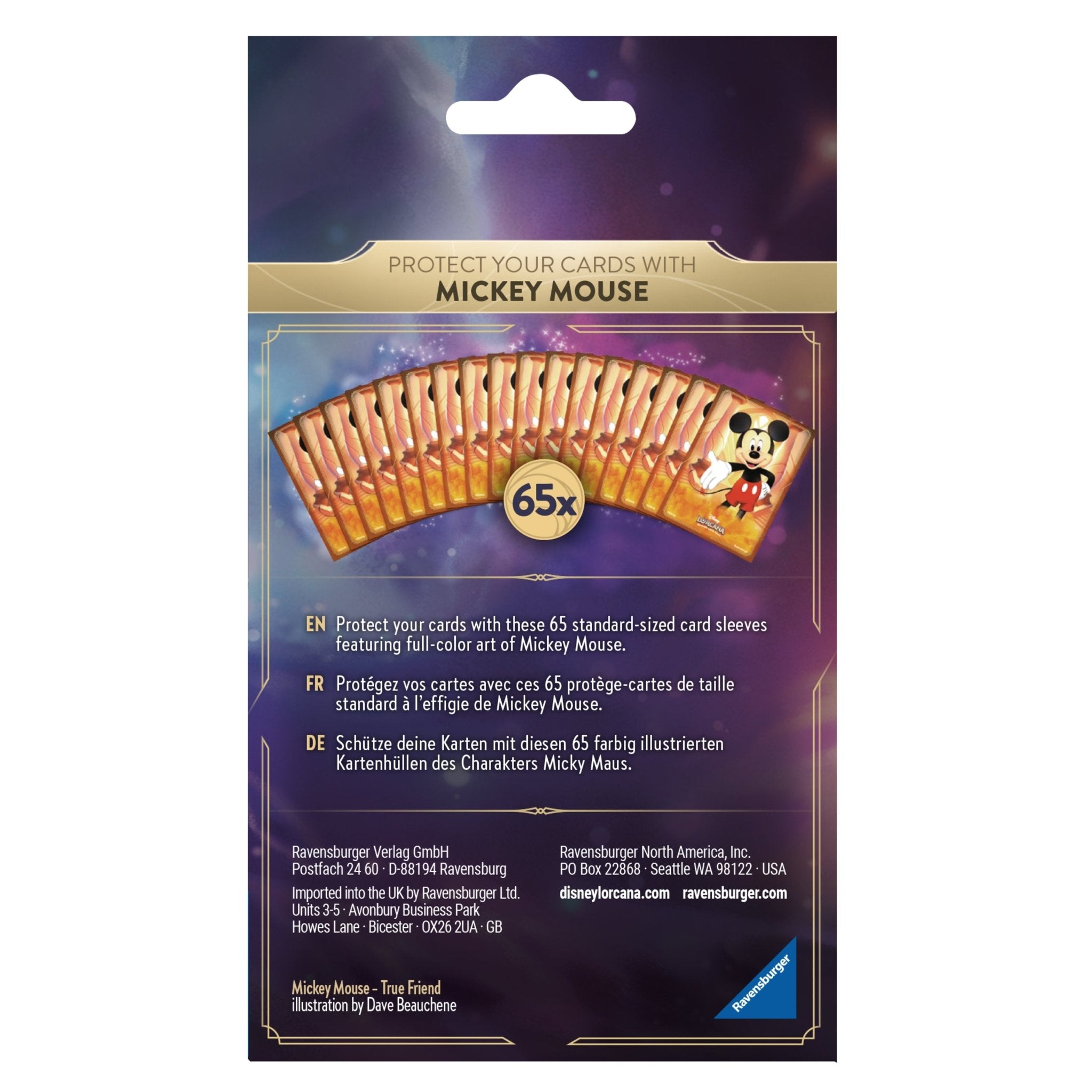 Packaging for 65 Disney Lorcana card sleeves featuring Mickey Mouse.
