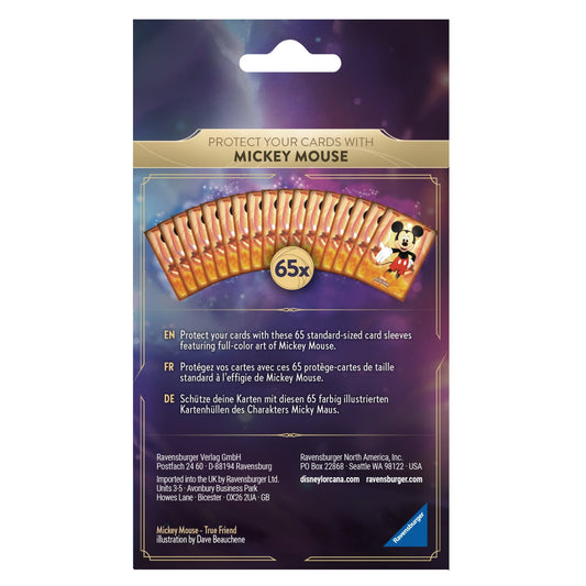 Packaging for 65 Disney Lorcana card sleeves featuring Mickey Mouse.
