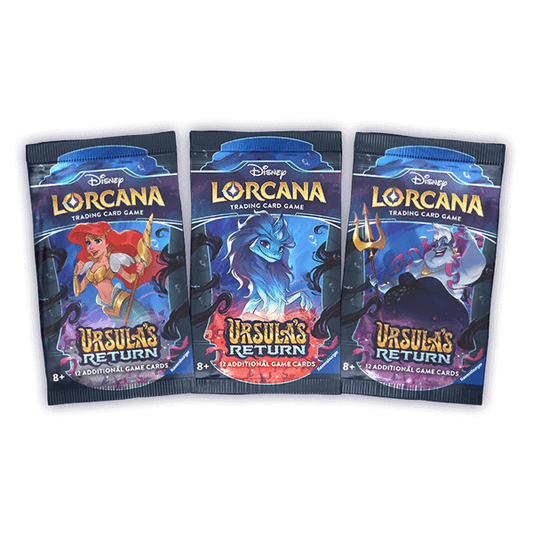 Three Disney Lorcana trading card game booster packs. The left pack features Ariel, the middle pack features a blue sea monster, and the right pack features Ursula. All three packs have the title "Ursula's Return".
