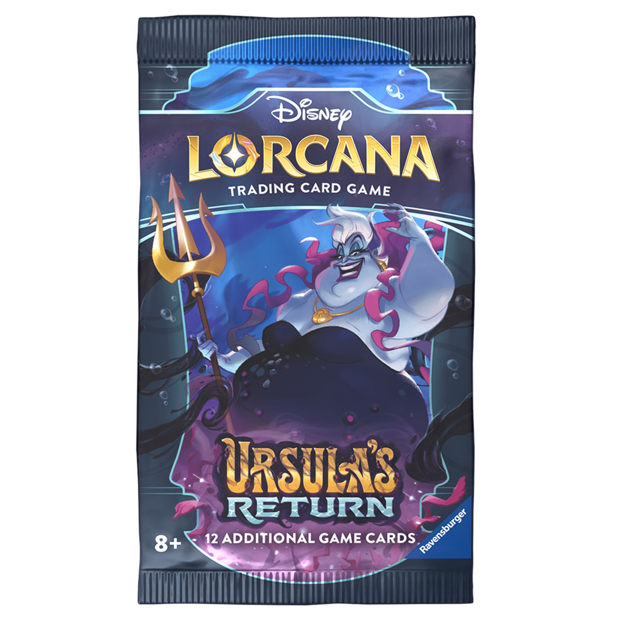 Disney Lorcana trading card game pack featuring Ursula's Return. Ursula holds a golden trident.